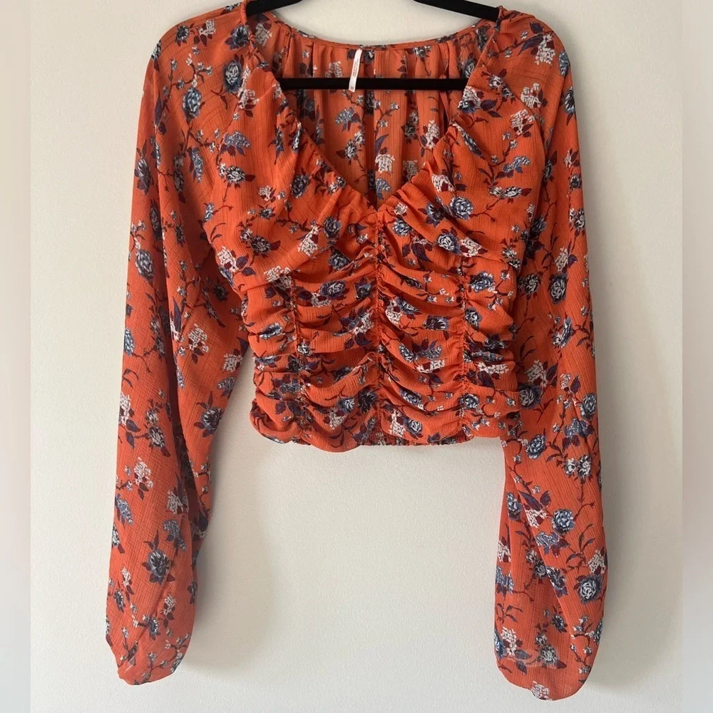 Free People Final Rose Rust Floral Ruched V-Neck Blouse XS